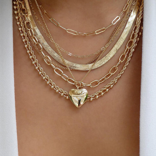 Layered Gold Chain Heart Necklace Set