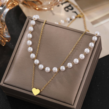 2pc Pearl and Heart Pendant Necklace Set