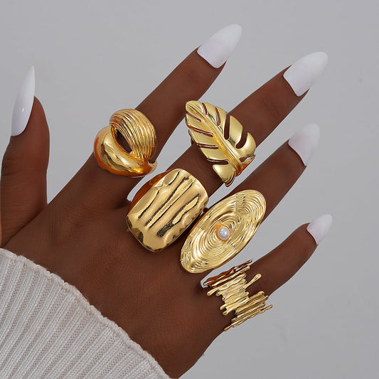 5pc Statement Textured Gold Ring Set