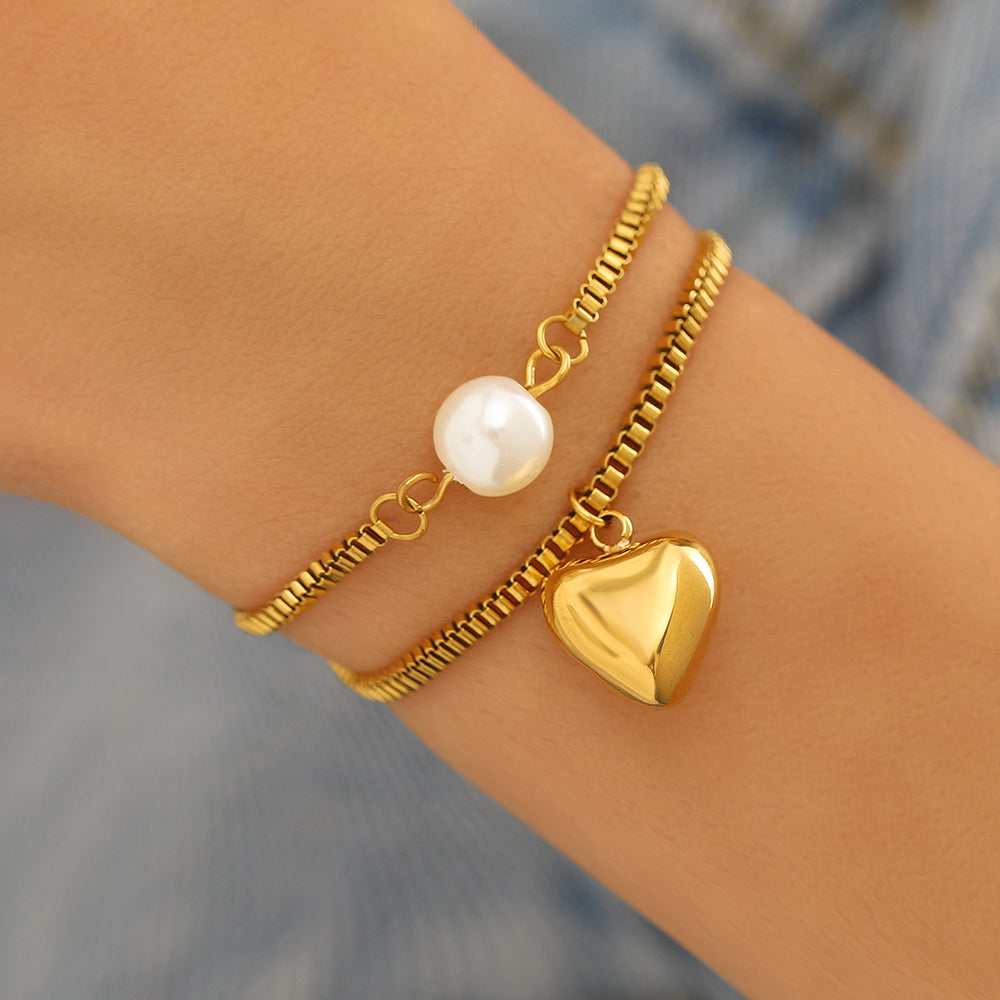 Gold Heart & Pearl Charm Bracelet Set