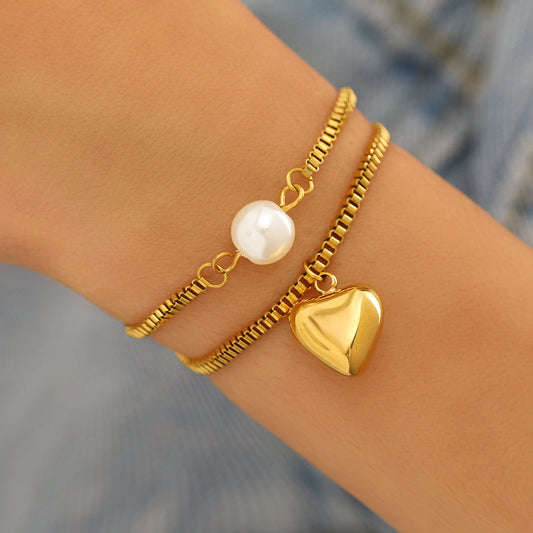Gold Heart & Pearl Charm Bracelet Set