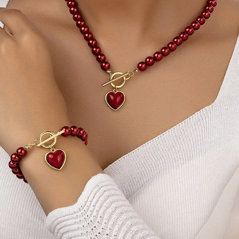 2pc Red Pearl Heart Jewelry Set