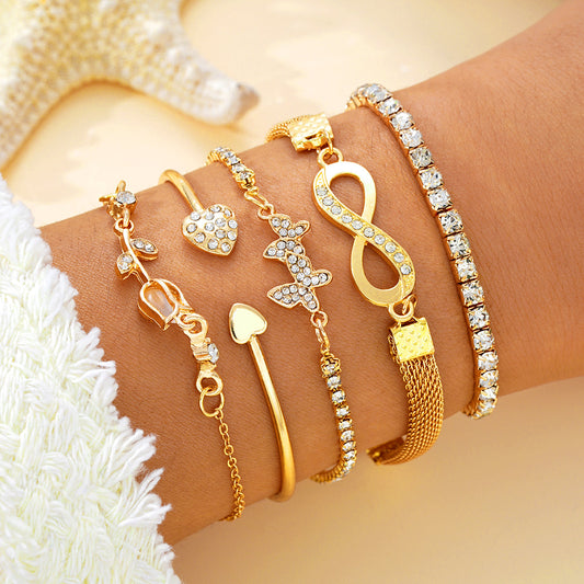 5pc Gold Butterfly & Heart Bracelet Set
