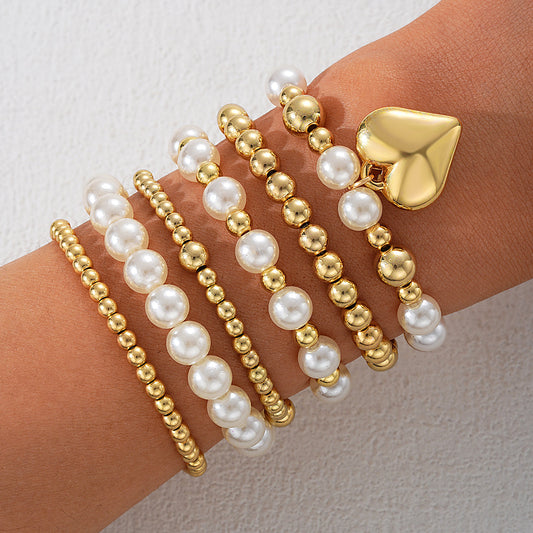 6pc Pearl & Gold Beaded Heart Bracelet Set