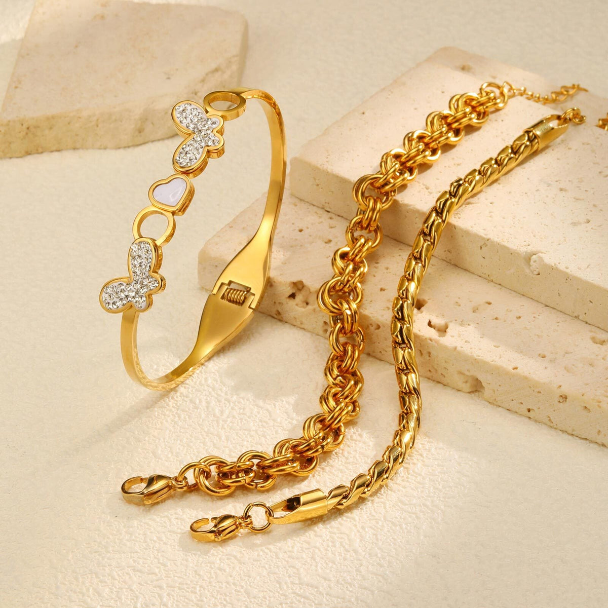 3pc Gold Butterfly & Chain Bracelet Set