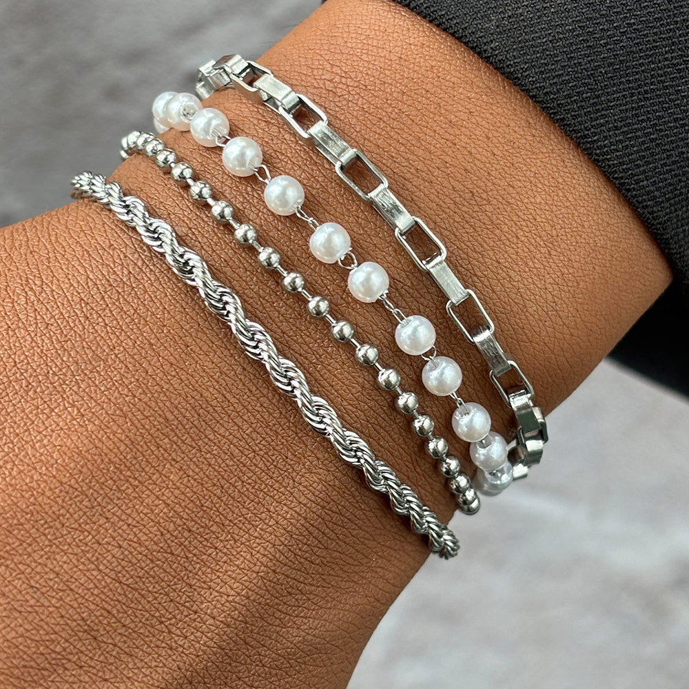 4pc Gold & Pearl Chain Bracelet Set