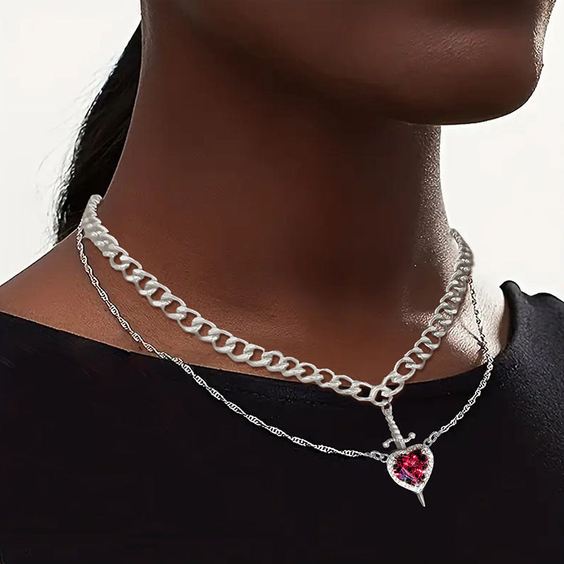2pc Heart Sword Pendant Necklace Set