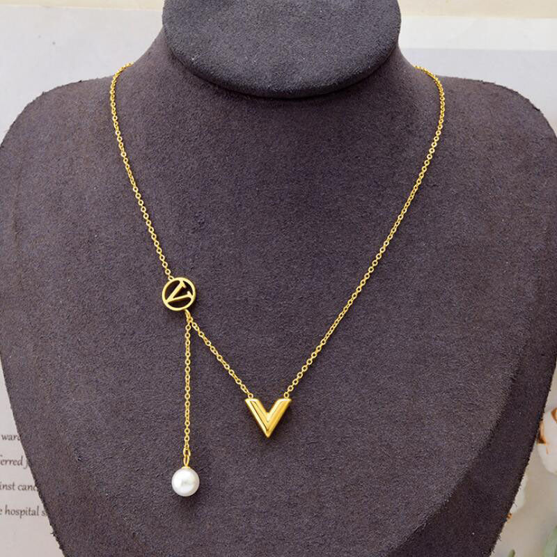Gold V Drop Pearl Pendant Necklace