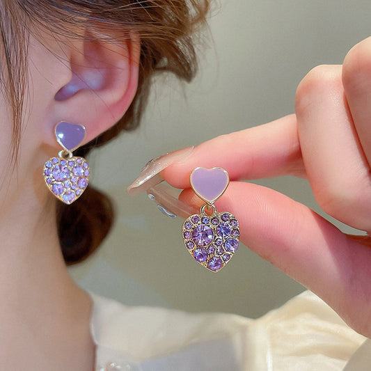 Purple Crystal Heart Drop Earrings