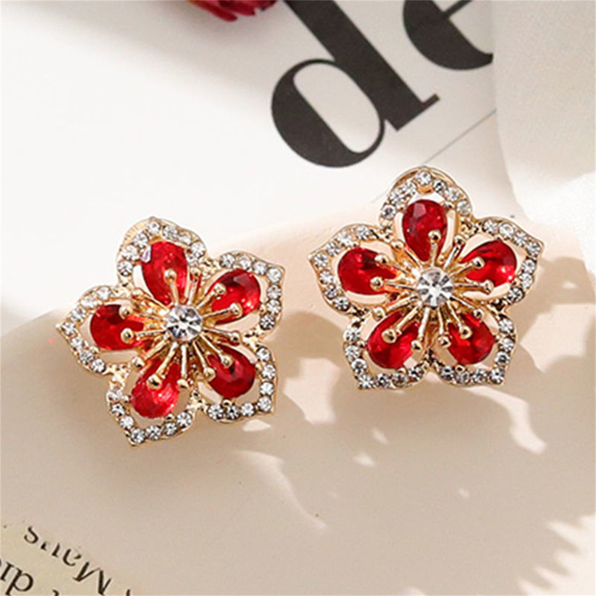 Pink Crystal Flower Stud Earrings