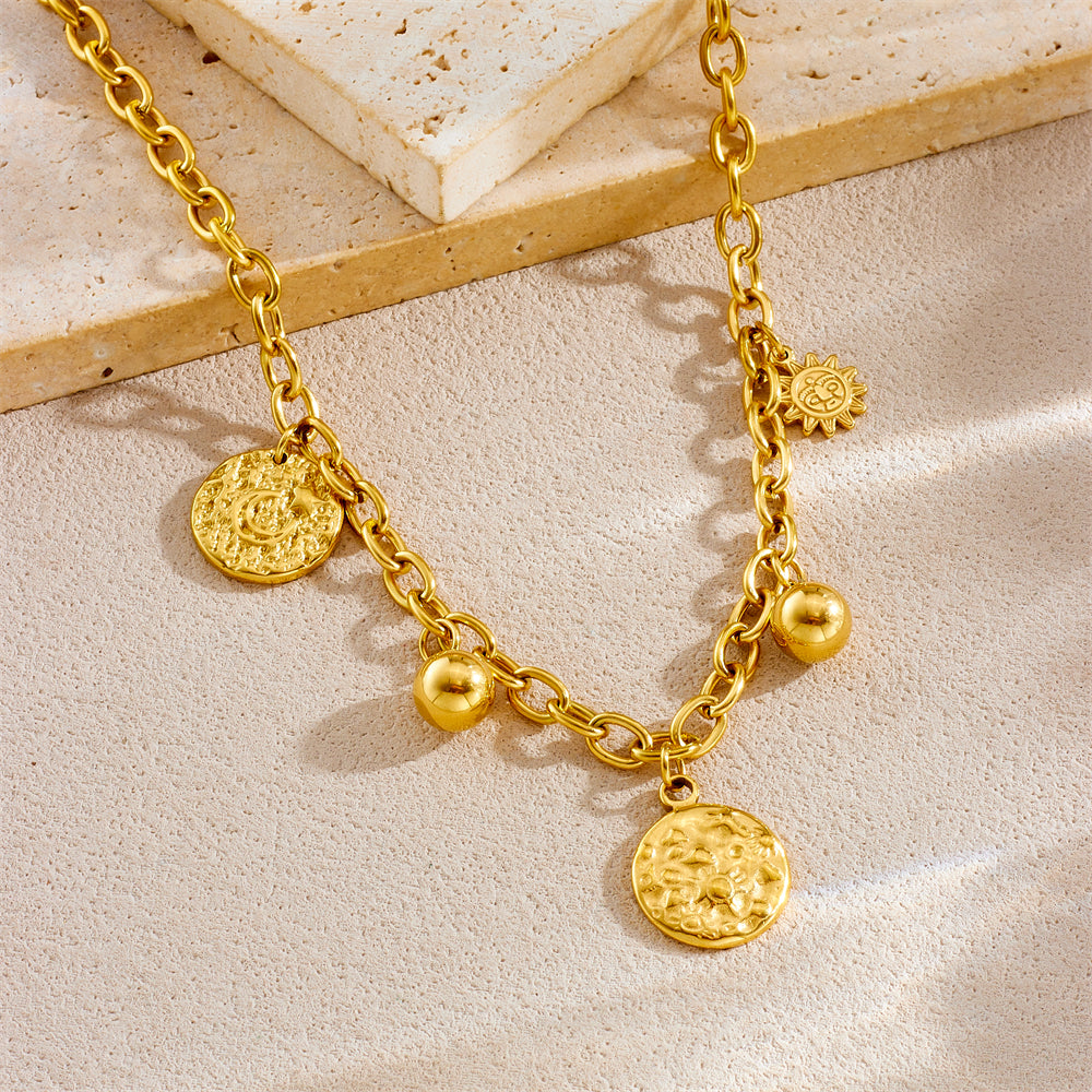 Chunky Gold Chain Necklace with Coin & Bead Charms