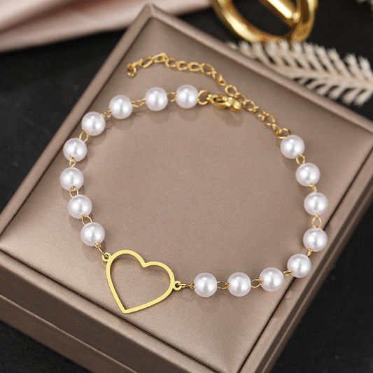 Gold Heart & Pearl Chain Bracelet