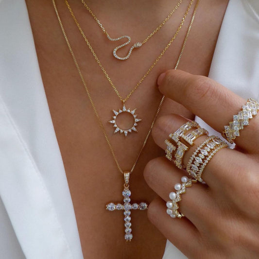Gold Layered Cross Sun Necklace Set