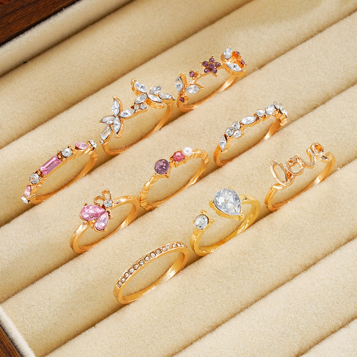 9pc Colorful Crystal Butterfly Ring Set