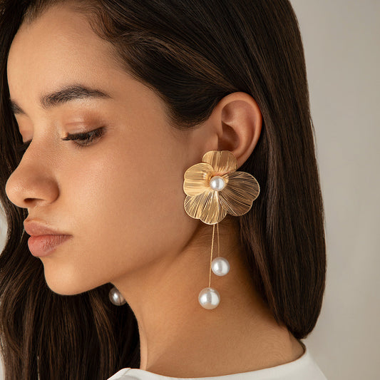 Gold Floral Pearl Drop Earrings
