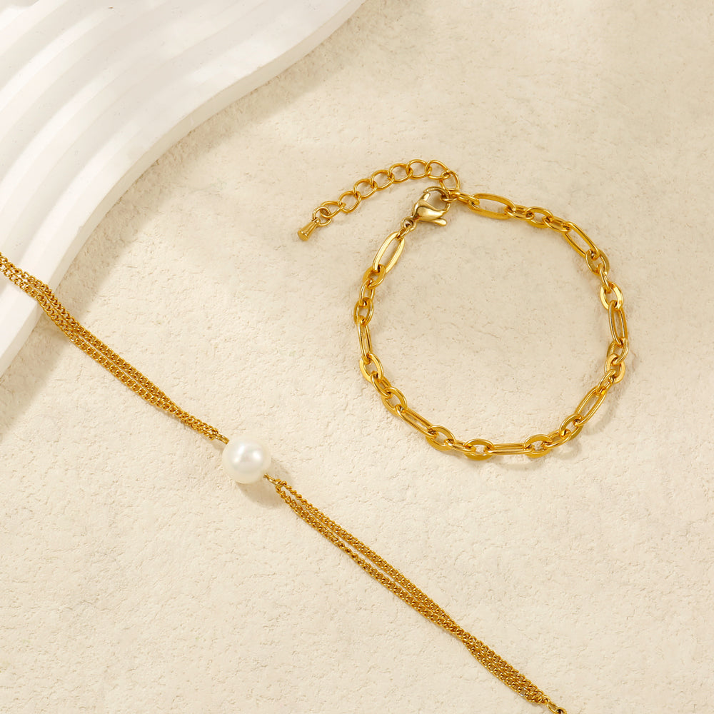2pc Pearl Charm Chain Bracelet Set