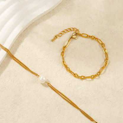 2pc Pearl Charm Chain Bracelet Set
