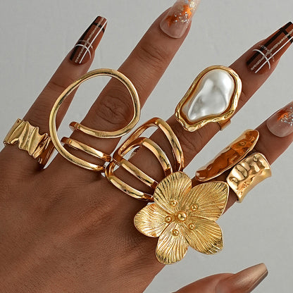 6pc Imitation Pearl & Flower Ring Set
