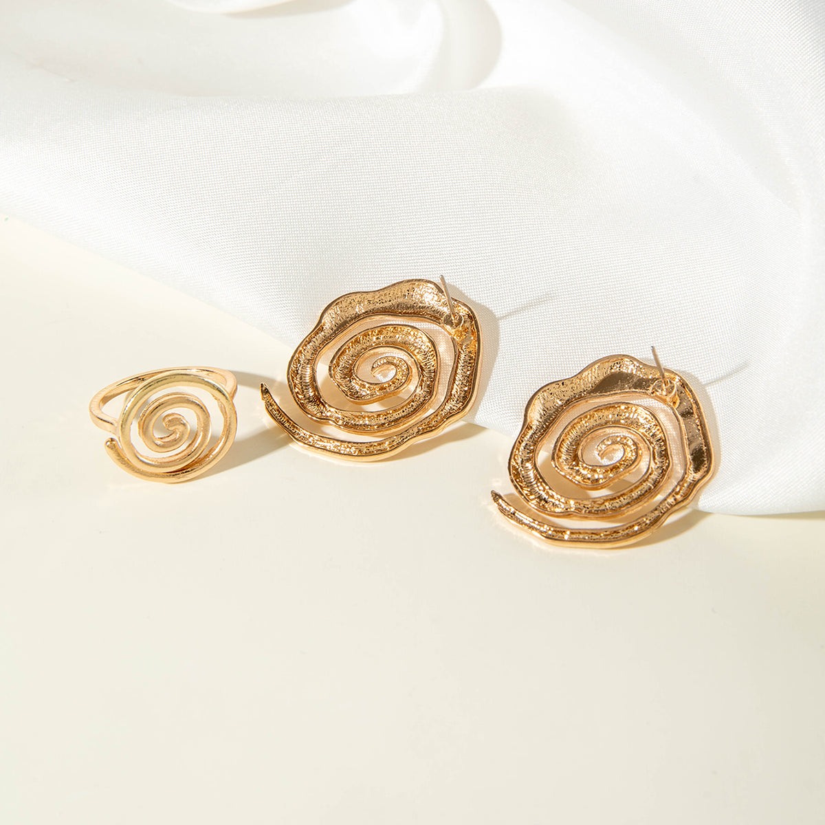 Gold Spiral Stud Earrings & Ring Stack