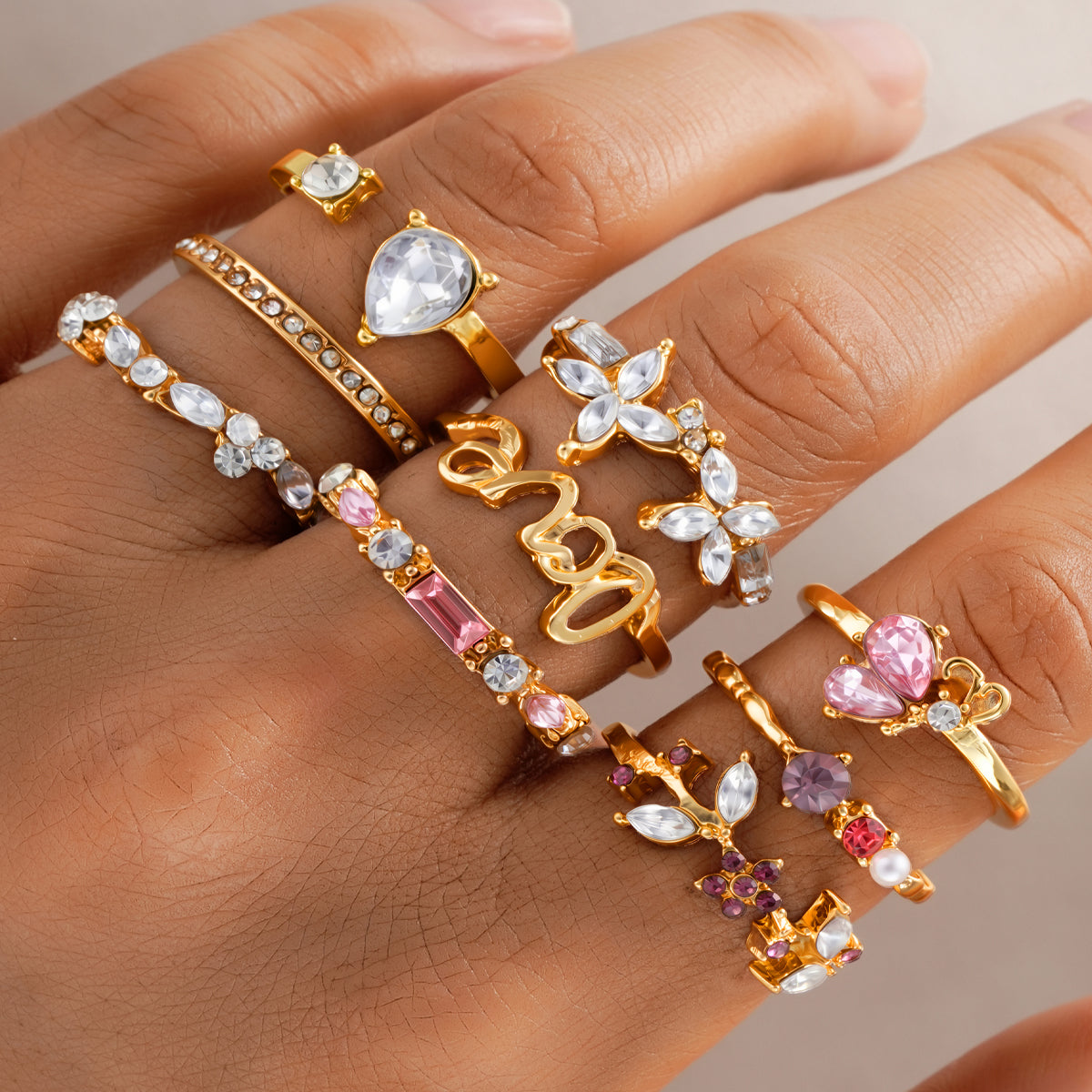 9pc Colorful Crystal Butterfly Ring Set