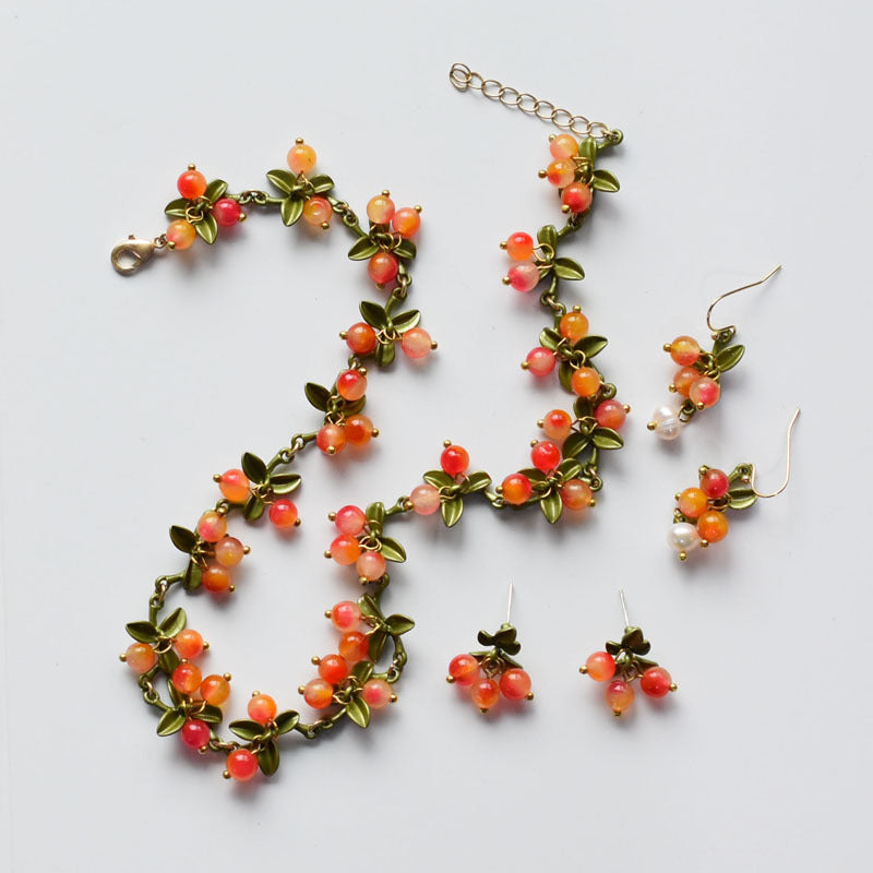 4pc Orange Berry Leaf Jewelry Set