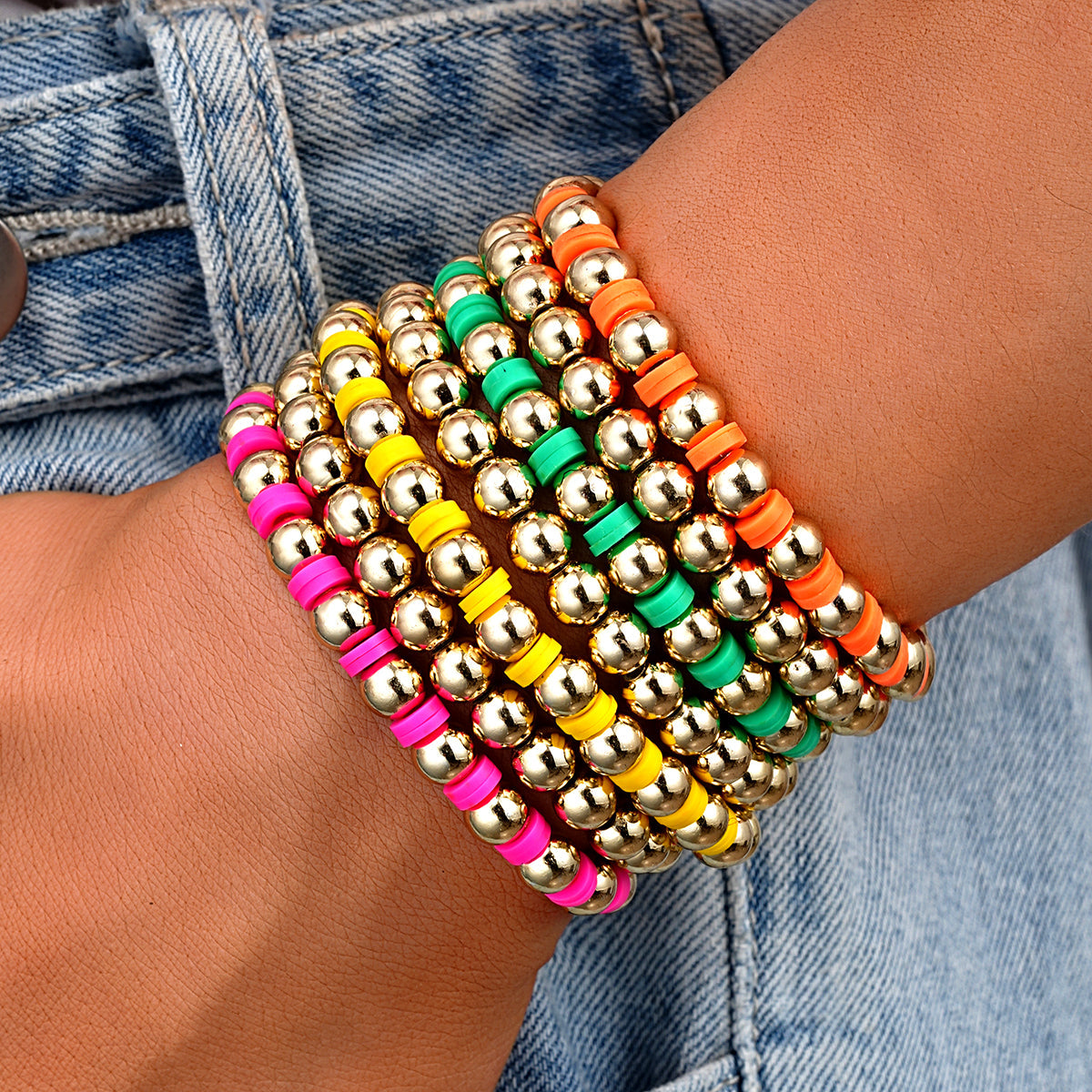 5pc Neon Beaded Stretch Bracelet Set
