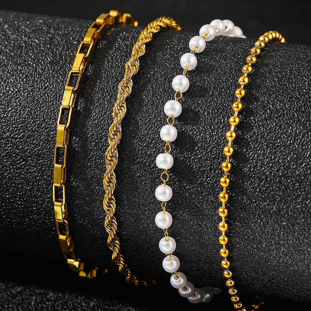 4pc Gold & Pearl Chain Bracelet Set