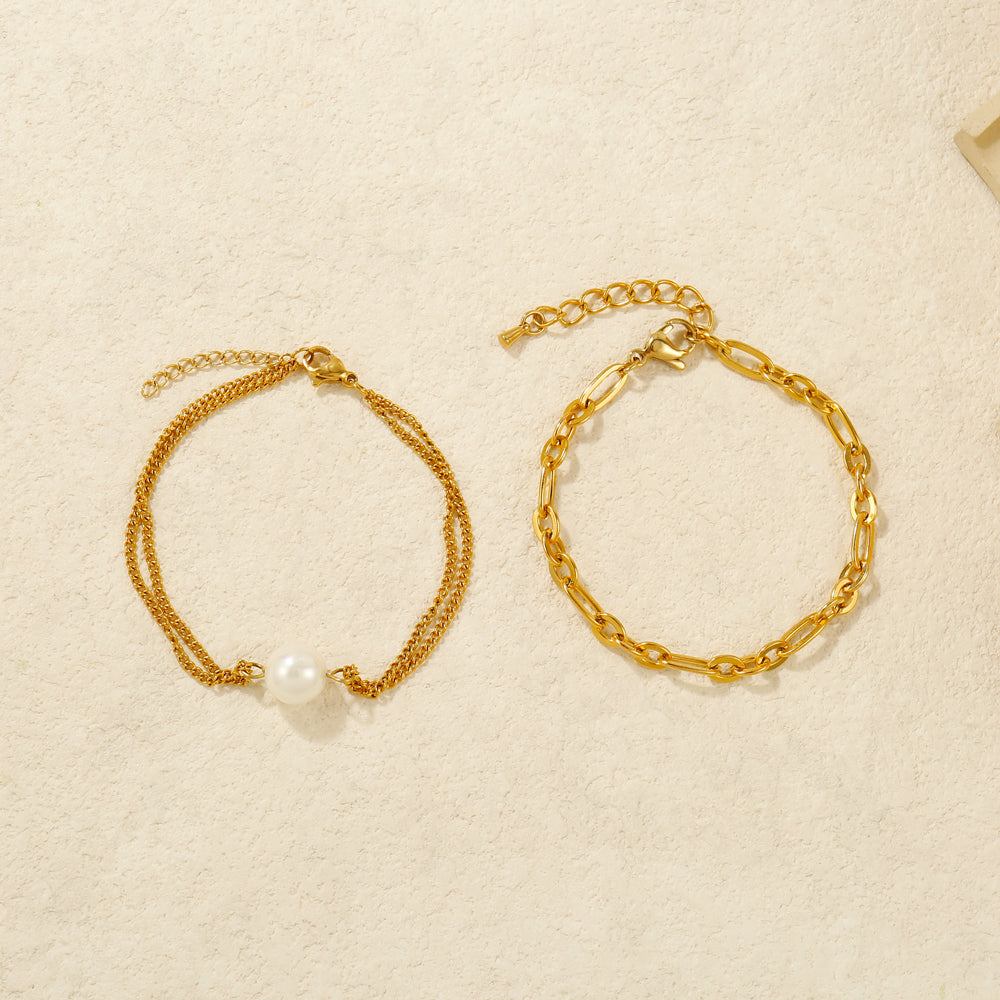 2pc Pearl Charm Chain Bracelet Set