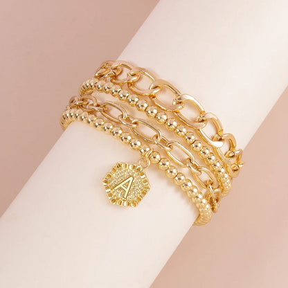 5pc Gold Beaded Chain Bracelet Set with Initial Charm