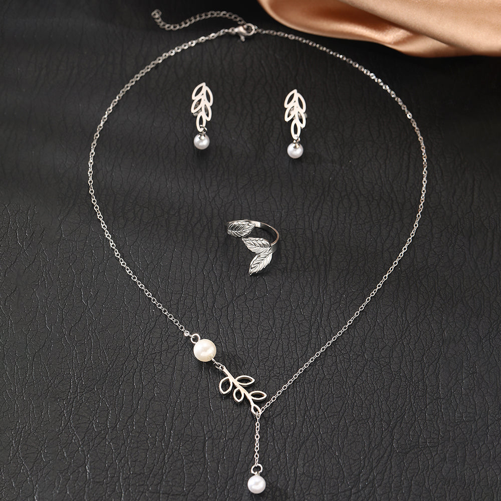 3pc Leaf Pearl Drop Jewelry Set