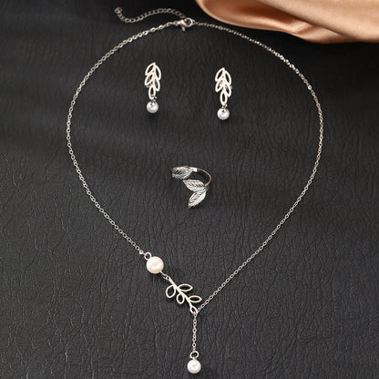 3pc Leaf Pearl Drop Jewelry Set