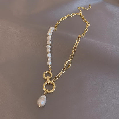 Asymmetric Pearl & Chain Drop Necklace