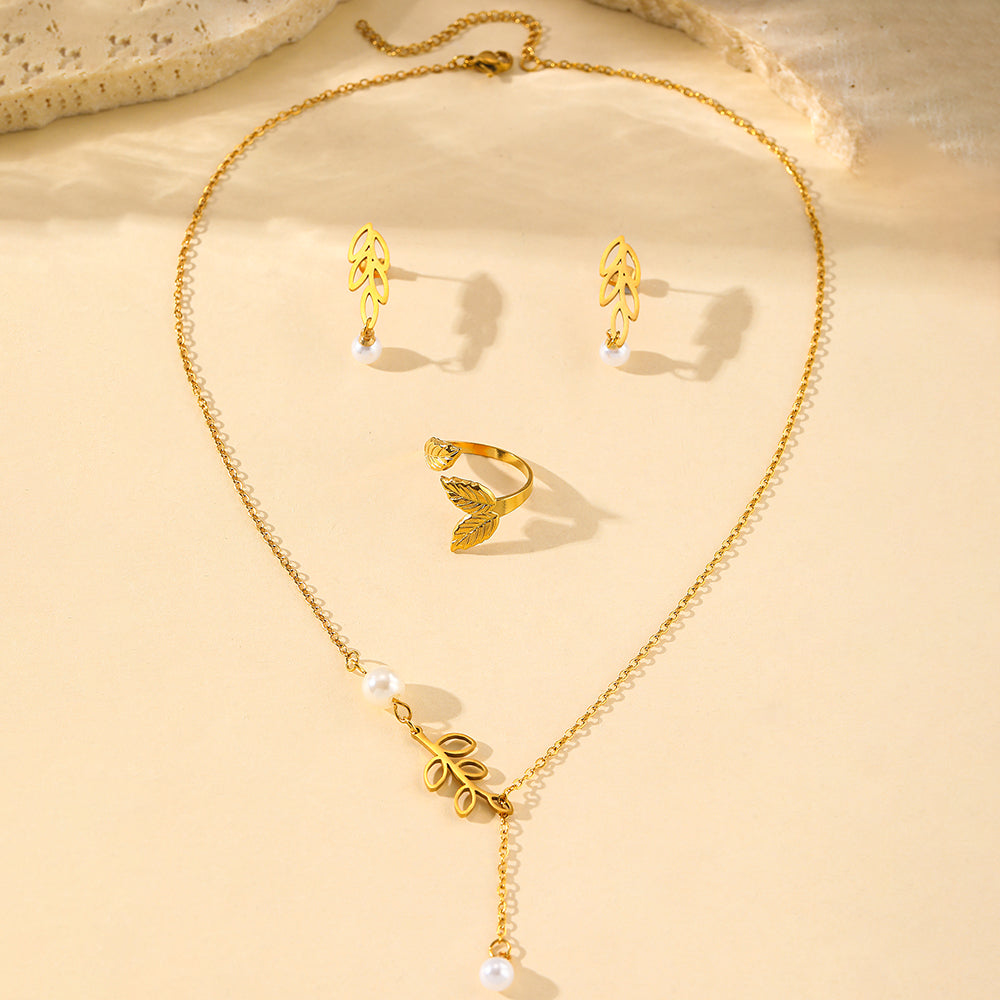 3pc Leaf Pearl Drop Jewelry Set