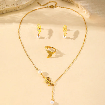 3pc Leaf Pearl Drop Jewelry Set
