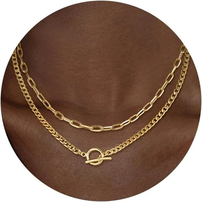 3-Layer Gold Chain Necklace with Toggle Clasp