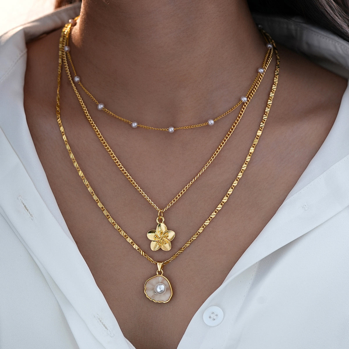 3pc Vintage Layered Pearl & Flower Necklace Set