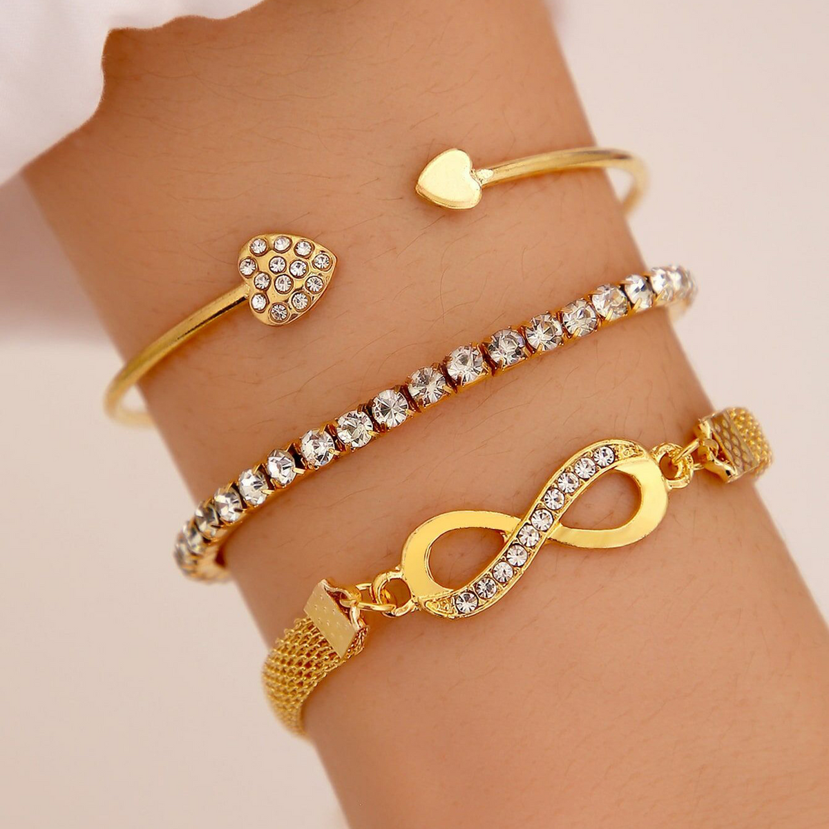3pc Crystal Heart & Infinity Bracelet Set