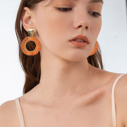 Orange Beaded Circle Drop Earrings