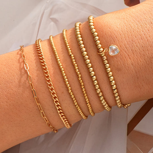 6pc Gold Beaded Charm Bracelet Set