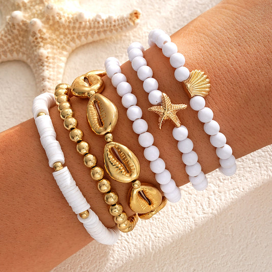 6pc Boho Starfish & Shell Beaded Bracelet Set