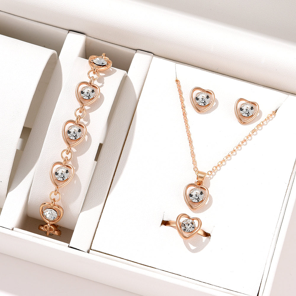 4pc Rose Gold Heart Crystal Jewelry Set