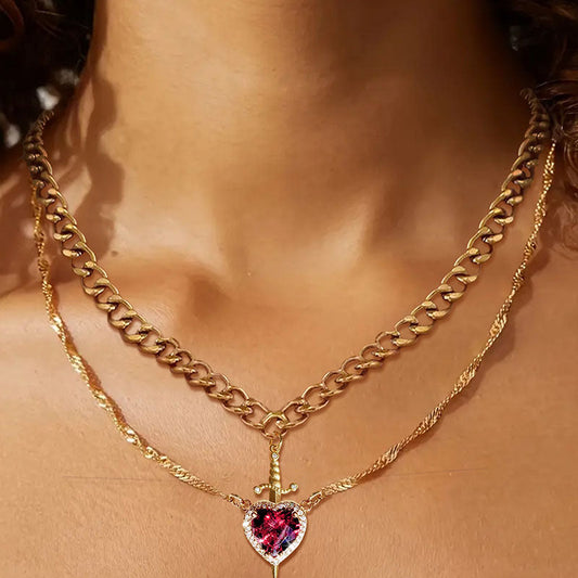 2pc Heart Sword Pendant Necklace Set