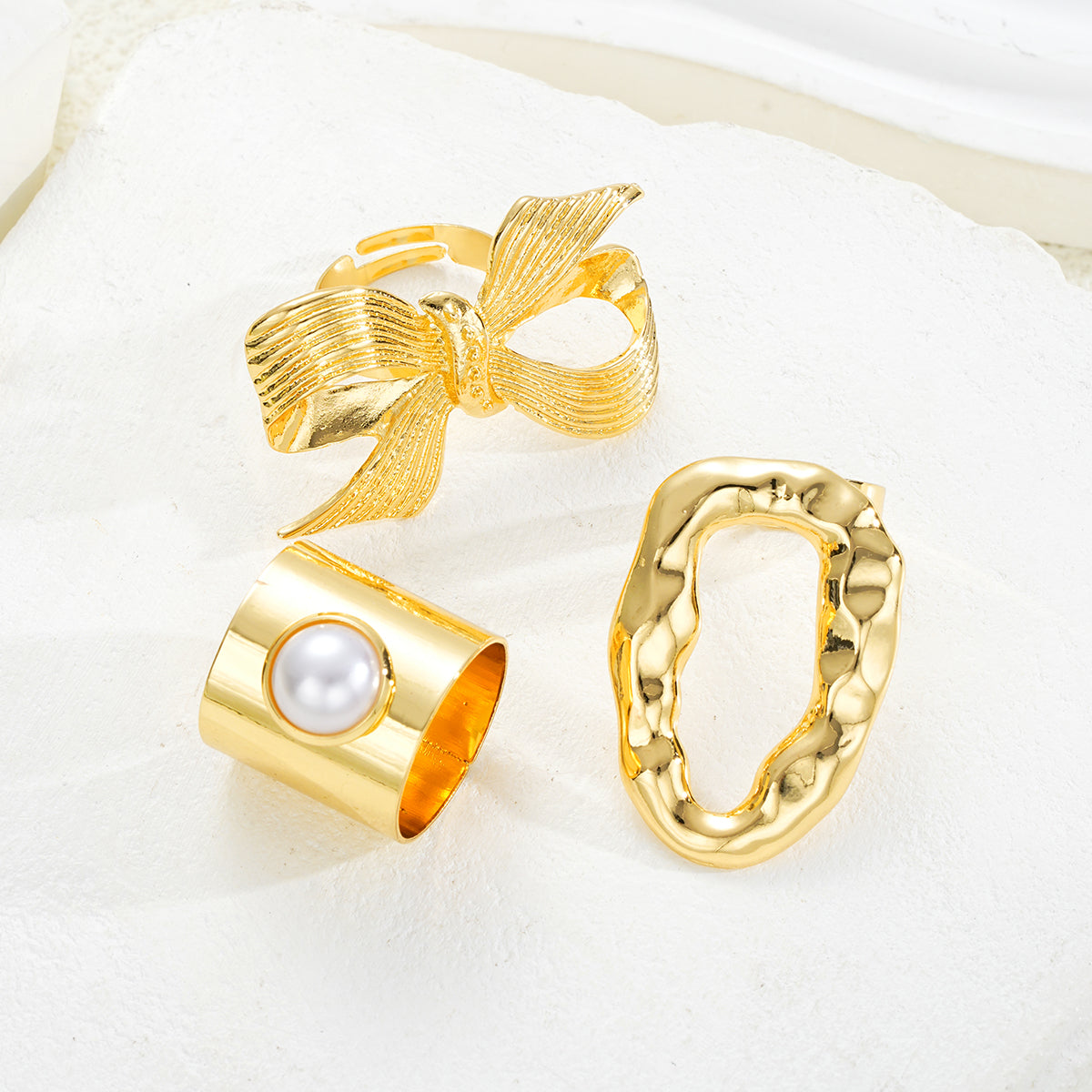 3pc Gold Statement Ring Set – Bow, Pearl & Abstract