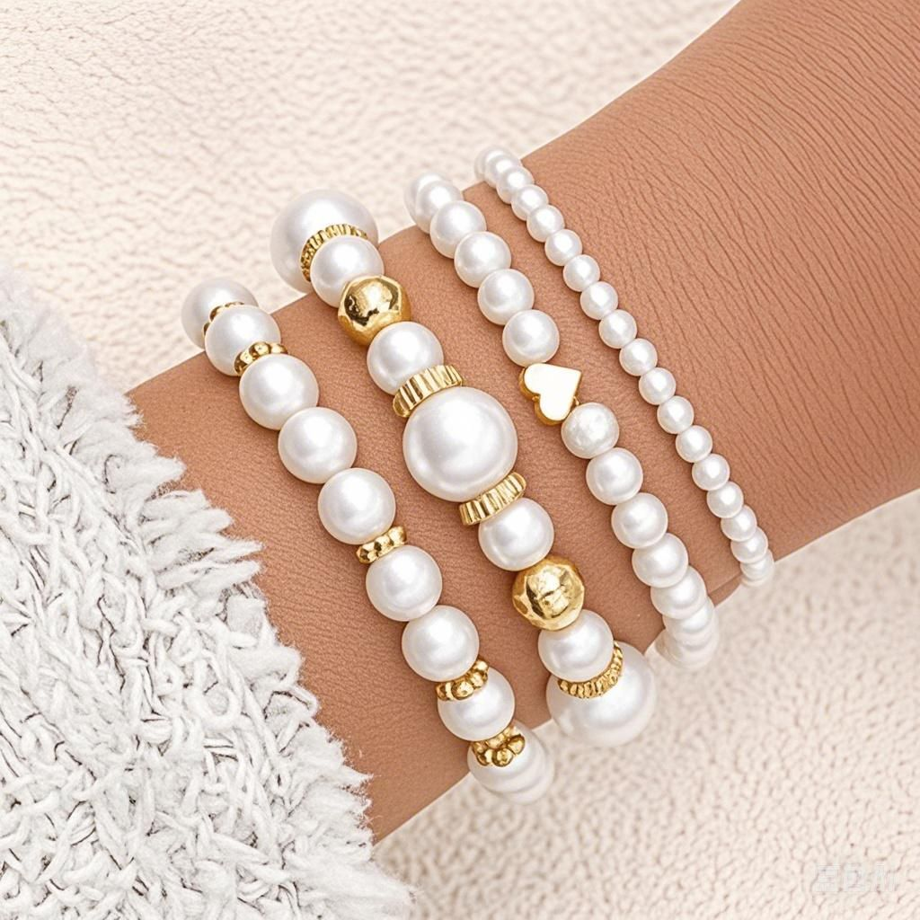 4pc White Pearl Beaded Bracelet Set