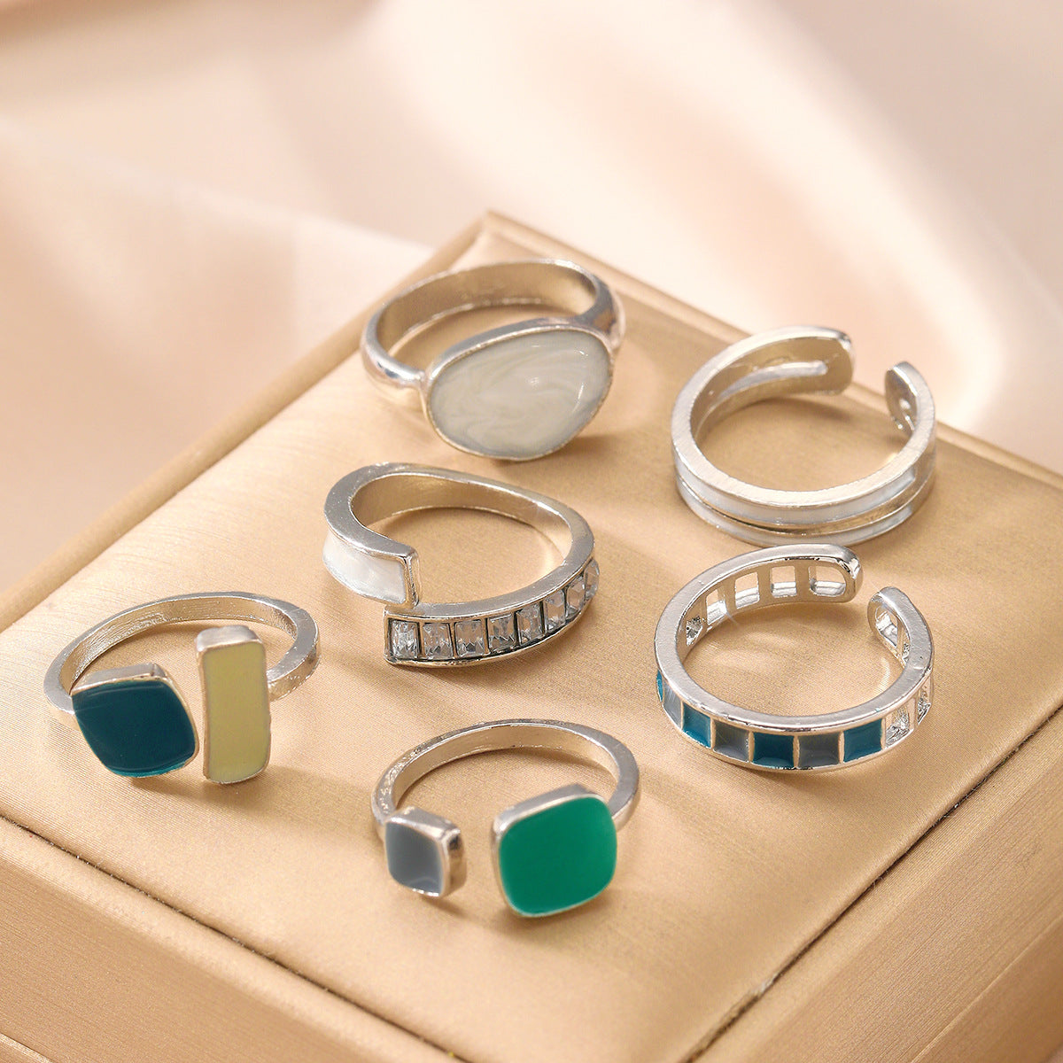 6pc Colorful Geometric Enamel Ring Set