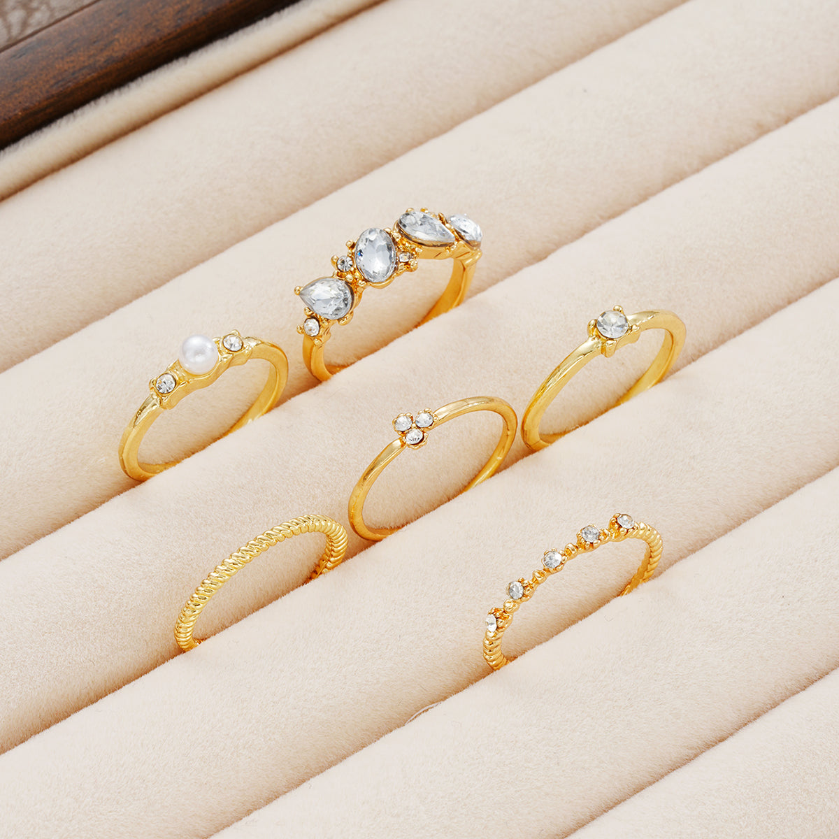 6pc Boho Crystal & Pearl Ring Set