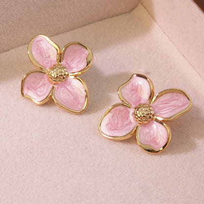 Pink Enamel Flower Stud Earrings