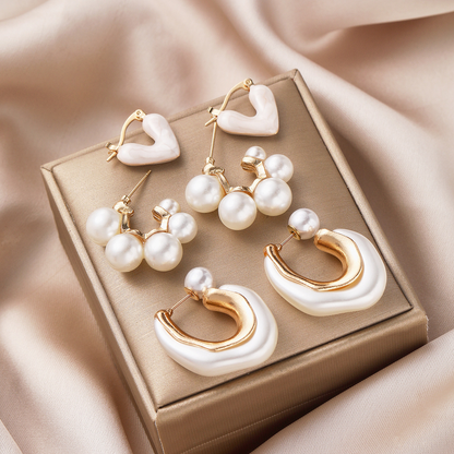 3pc Pearl & Enamel Heart Earring Set