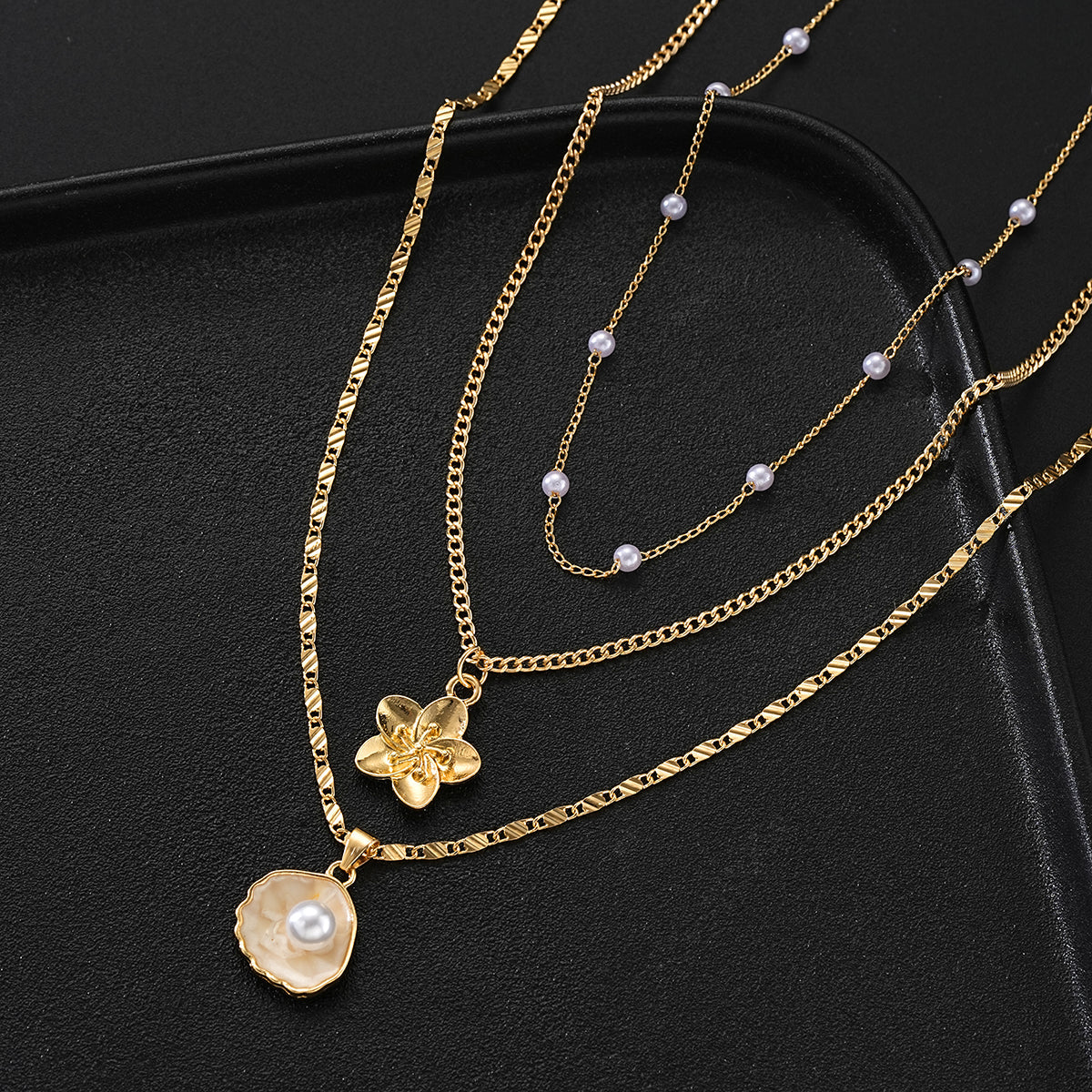 3pc Vintage Layered Pearl & Flower Necklace Set
