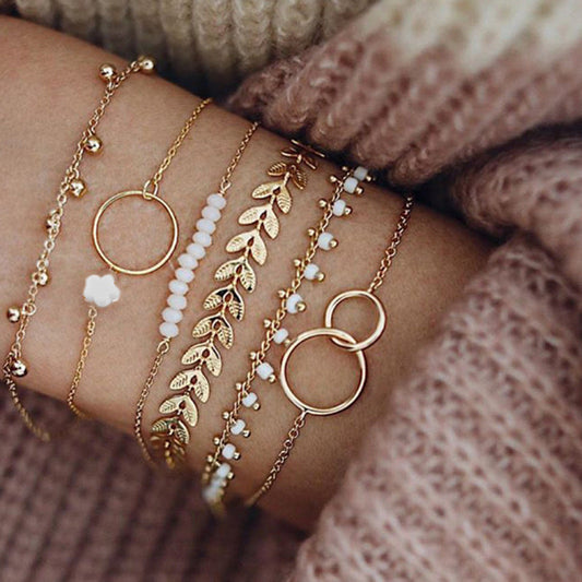 6pc Boho Flower Leaf Charm Bracelet Set